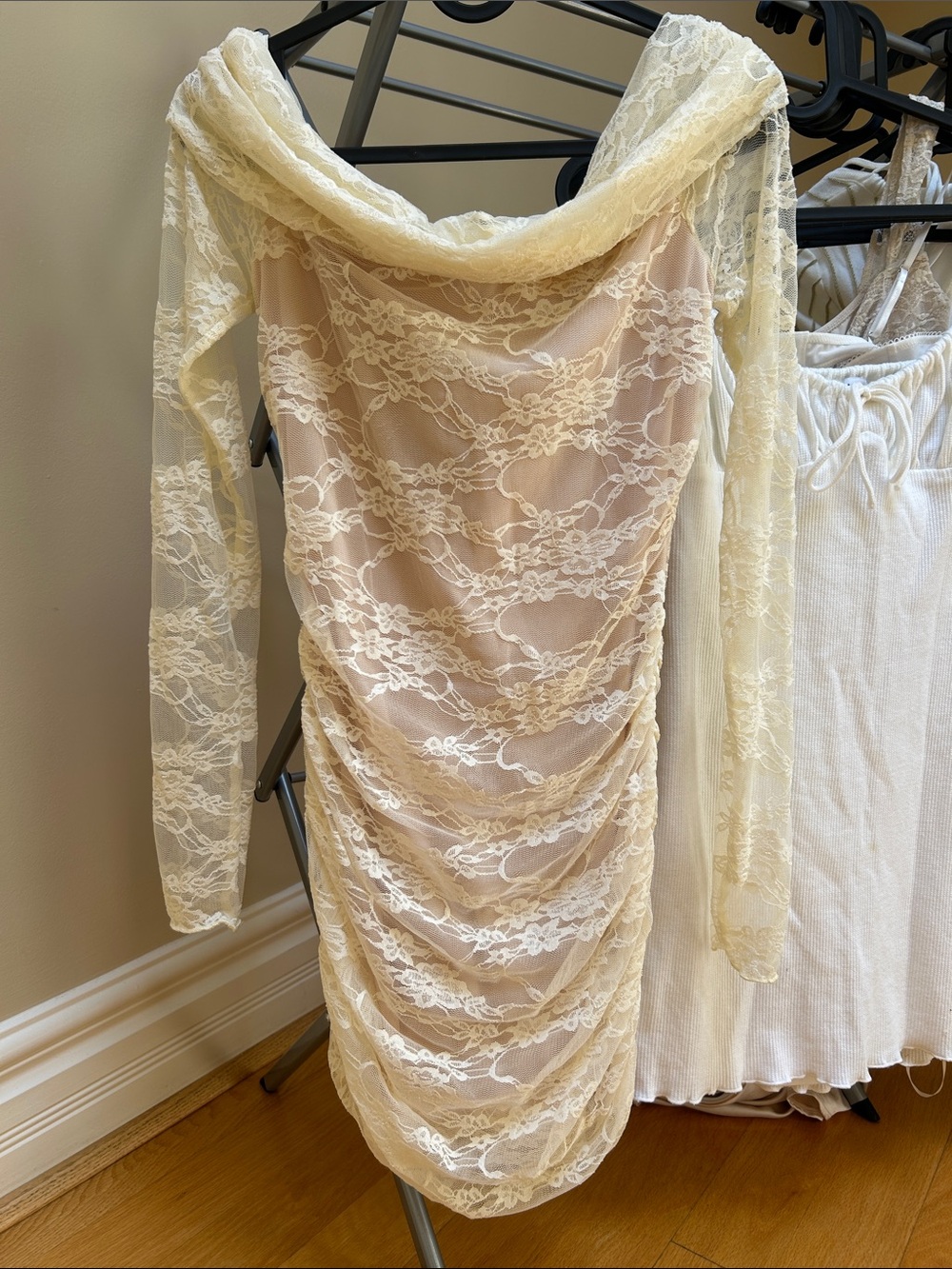 Lucy in the Sky Ivory Lace Ruched Off-Shoulder Long Sleeve Dress